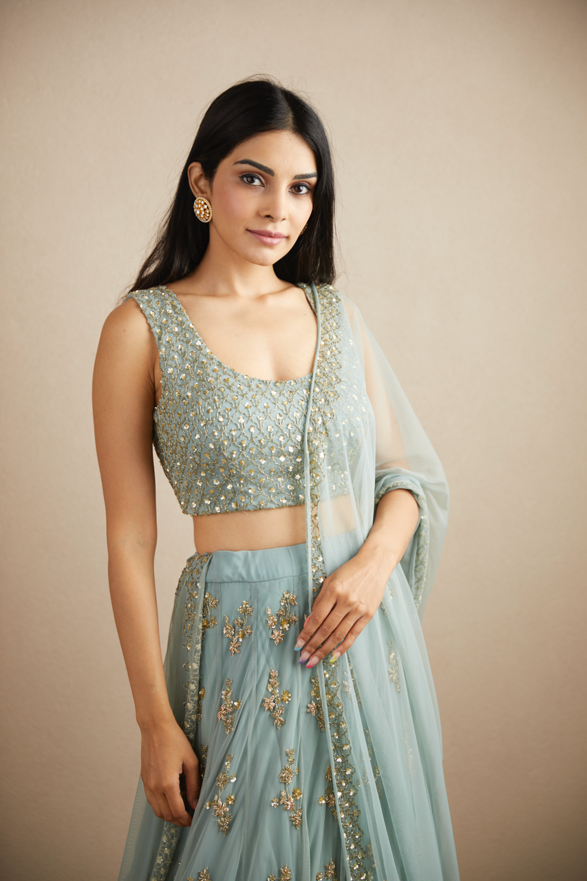 Indian Powder Blue Gold Bootie Net Lehenga Set (3-Piece) - Image 3