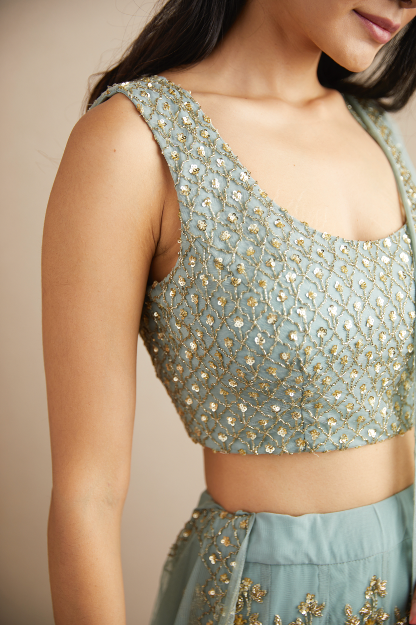 Indian Powder Blue Gold Bootie Net Lehenga Set (3-Piece) - Image 4