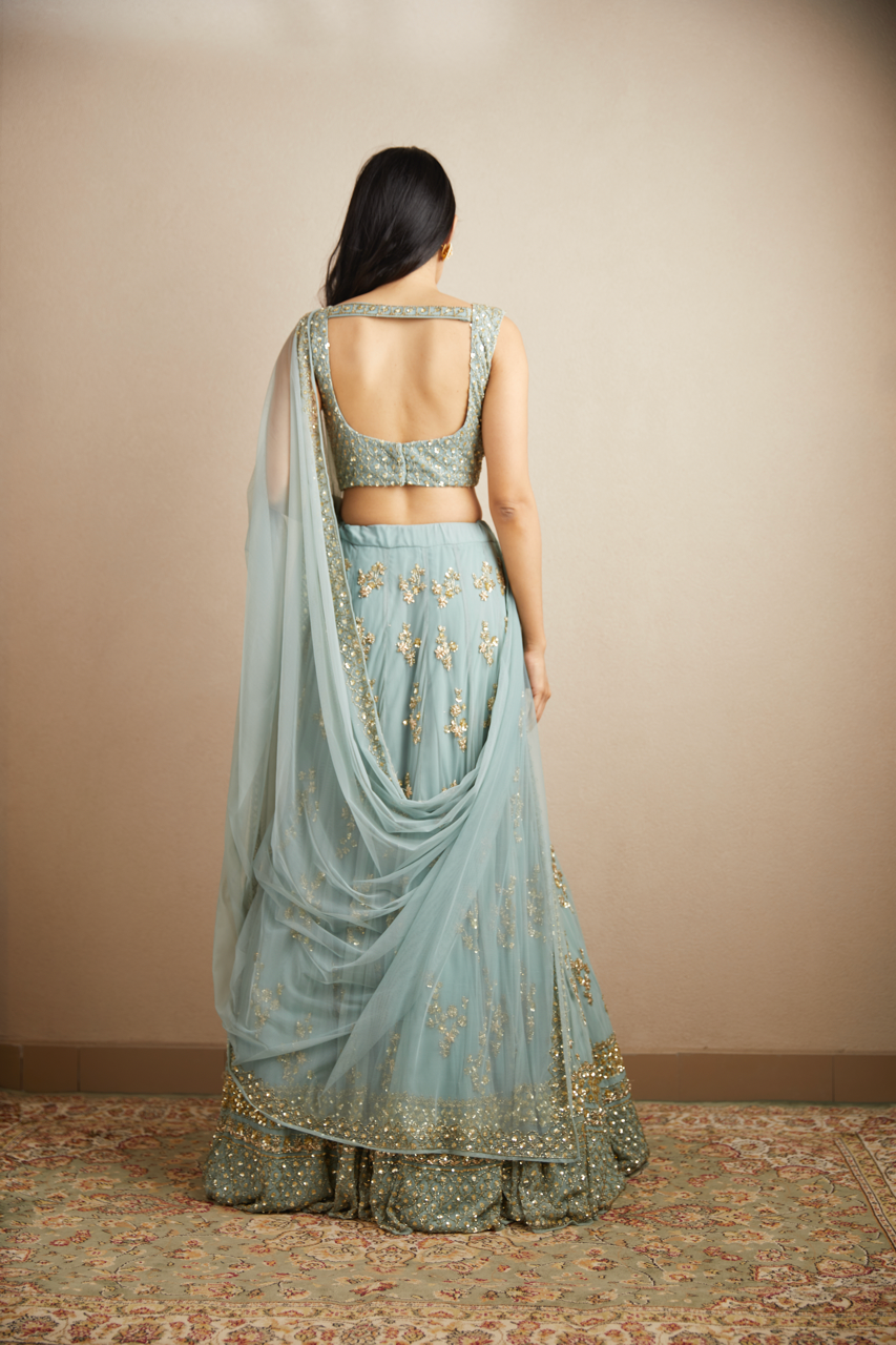 Indian Powder Blue Gold Bootie Net Lehenga Set (3-Piece) - Image 5