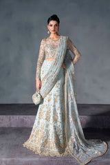 Powder Blue Embroidered Net Bridal Lehenga (3-Piece) - Image 2