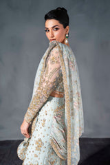 Powder Blue Embroidered Net Bridal Lehenga (3-Piece) - Image 5
