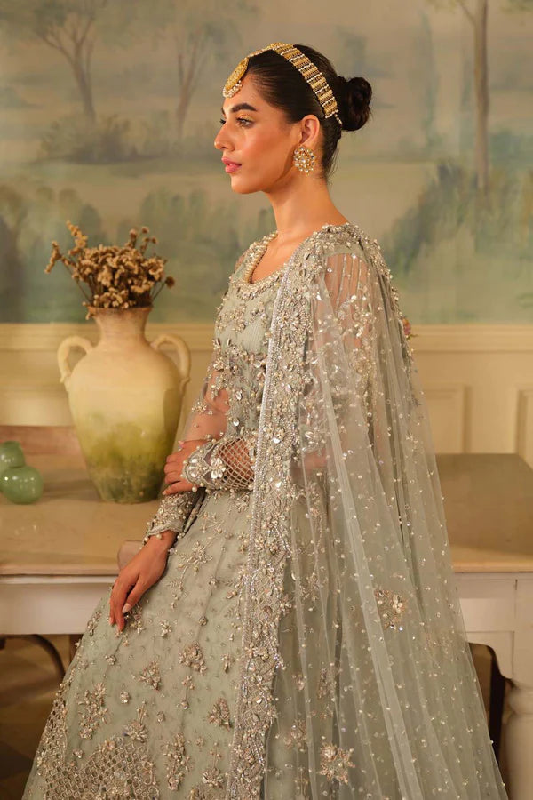 Pakistani Ice Blue Embellished Net & Jamawar Bridal Lehenga (4-Piece) - Image 2