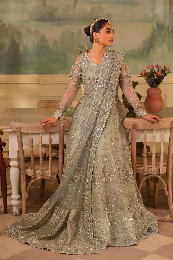 Pakistani Ice Blue Embellished Net & Jamawar Bridal Lehenga (4-Piece) - Image 3