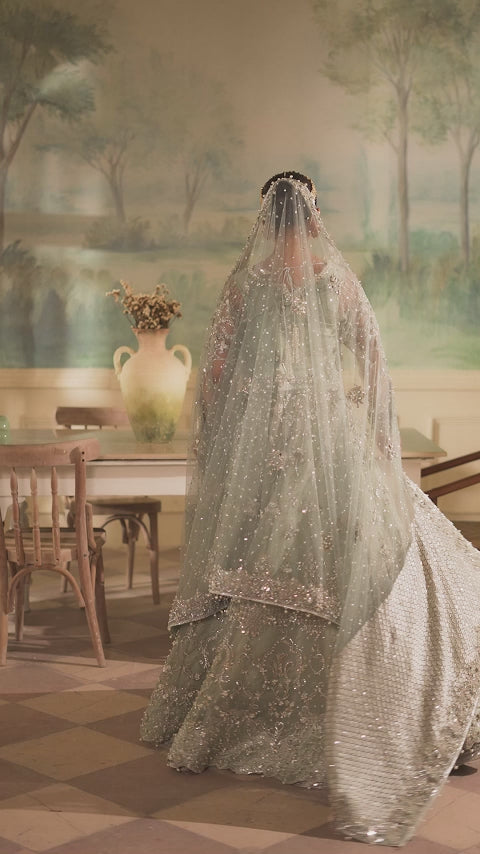 Pakistani Ice Blue Embellished Net & Jamawar Bridal Lehenga (4-Piece) - Image 5