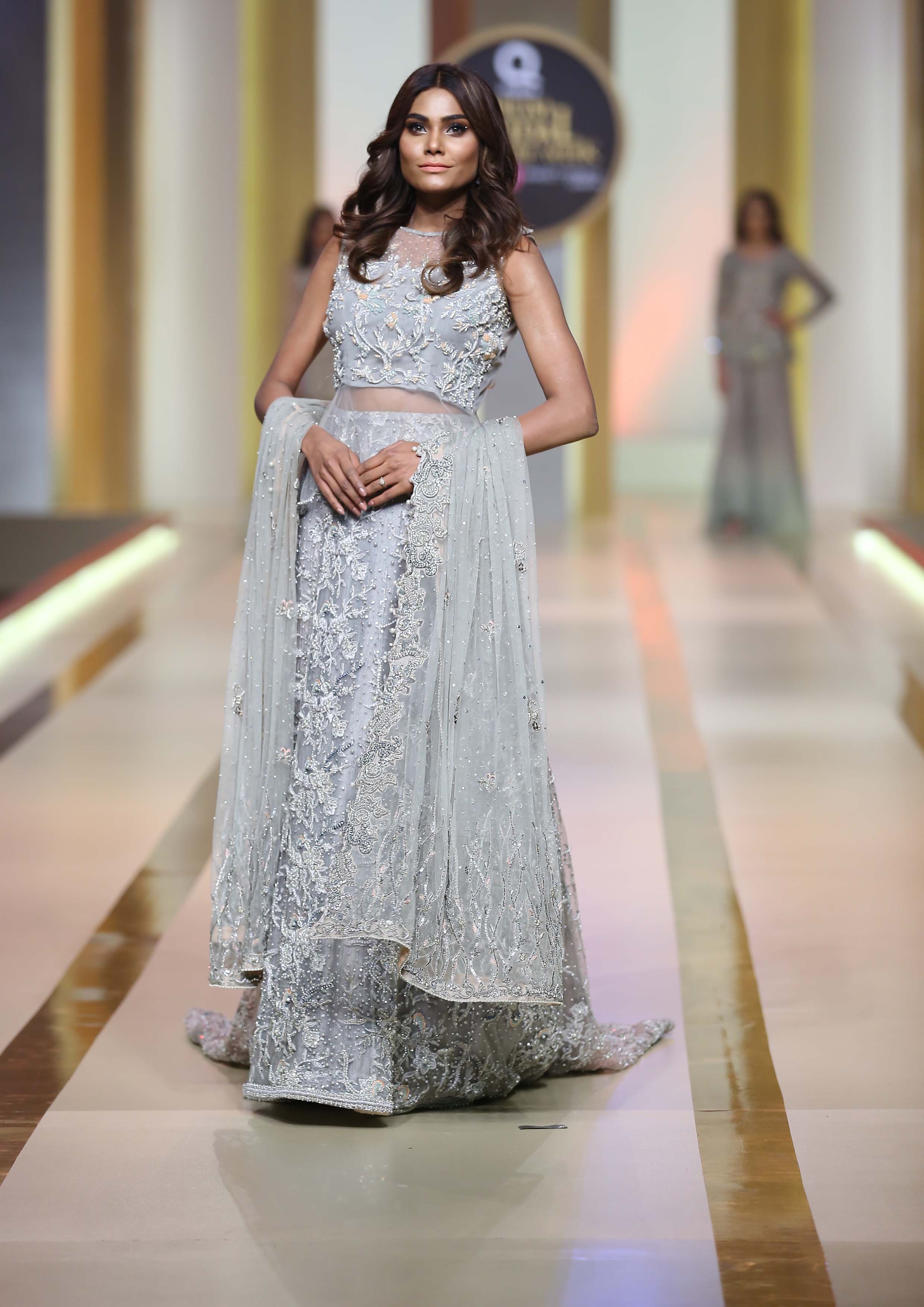 Ice Blue Meshwork Embroidered Bridal Lehenga (3-Piece) - Image 1