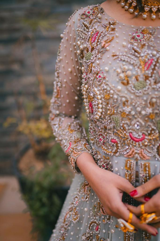 Pakistani Ice Blue Handworked Net & Chiffon Gown (3-Piece) - Image 2