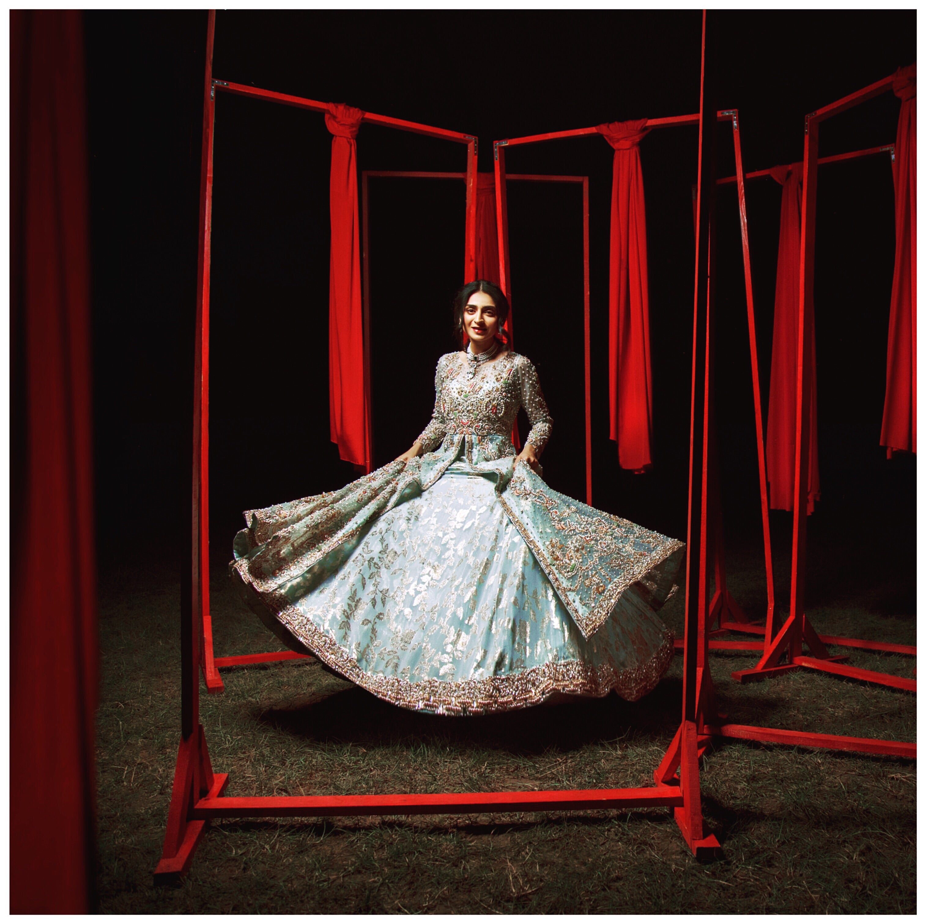 Pakistani Ice Blue Handworked Net & Chiffon Gown (3-Piece) - Image 8