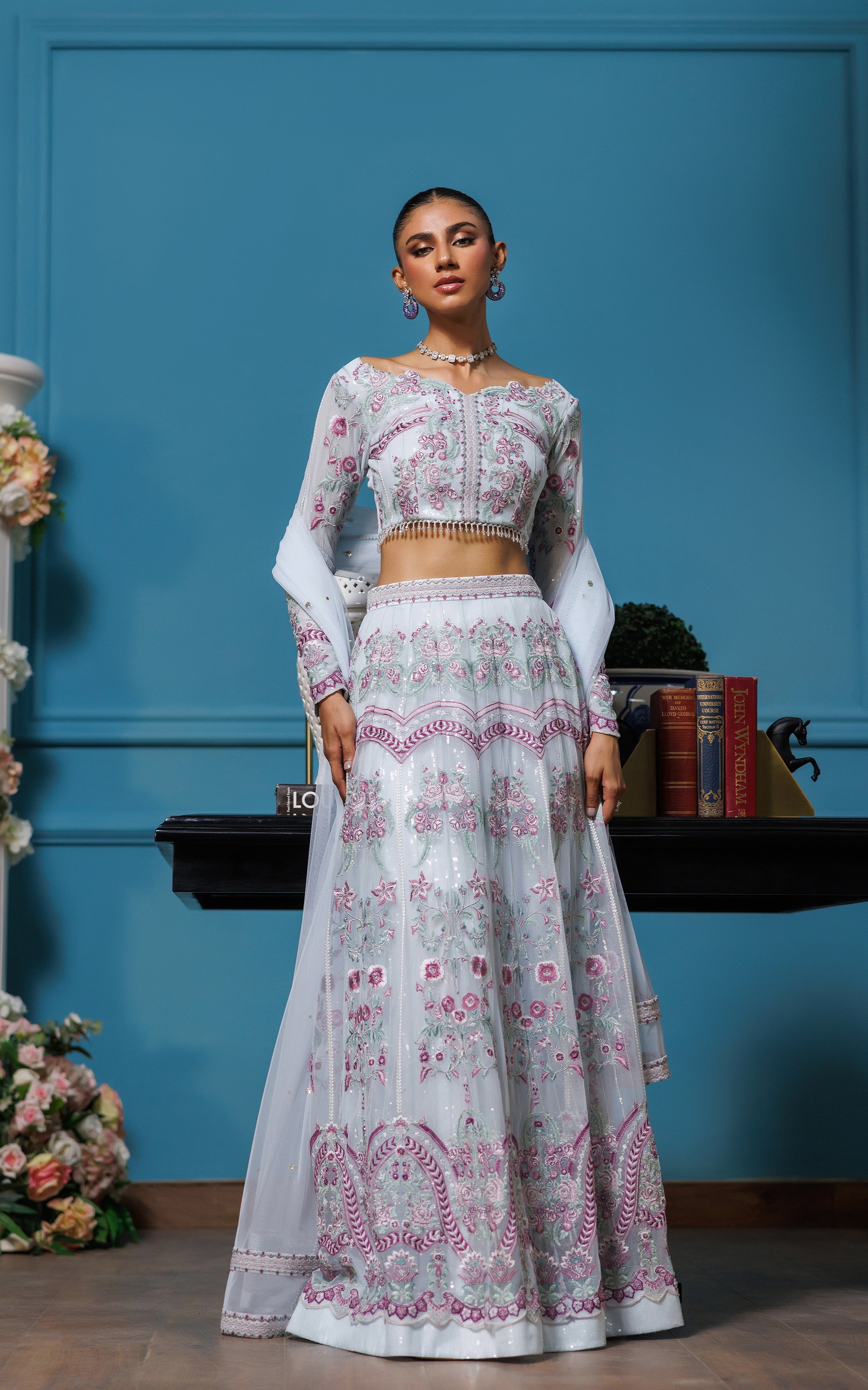Powder Blue Embroidered Net Lehenga Dress (3-Piece) - Image 1