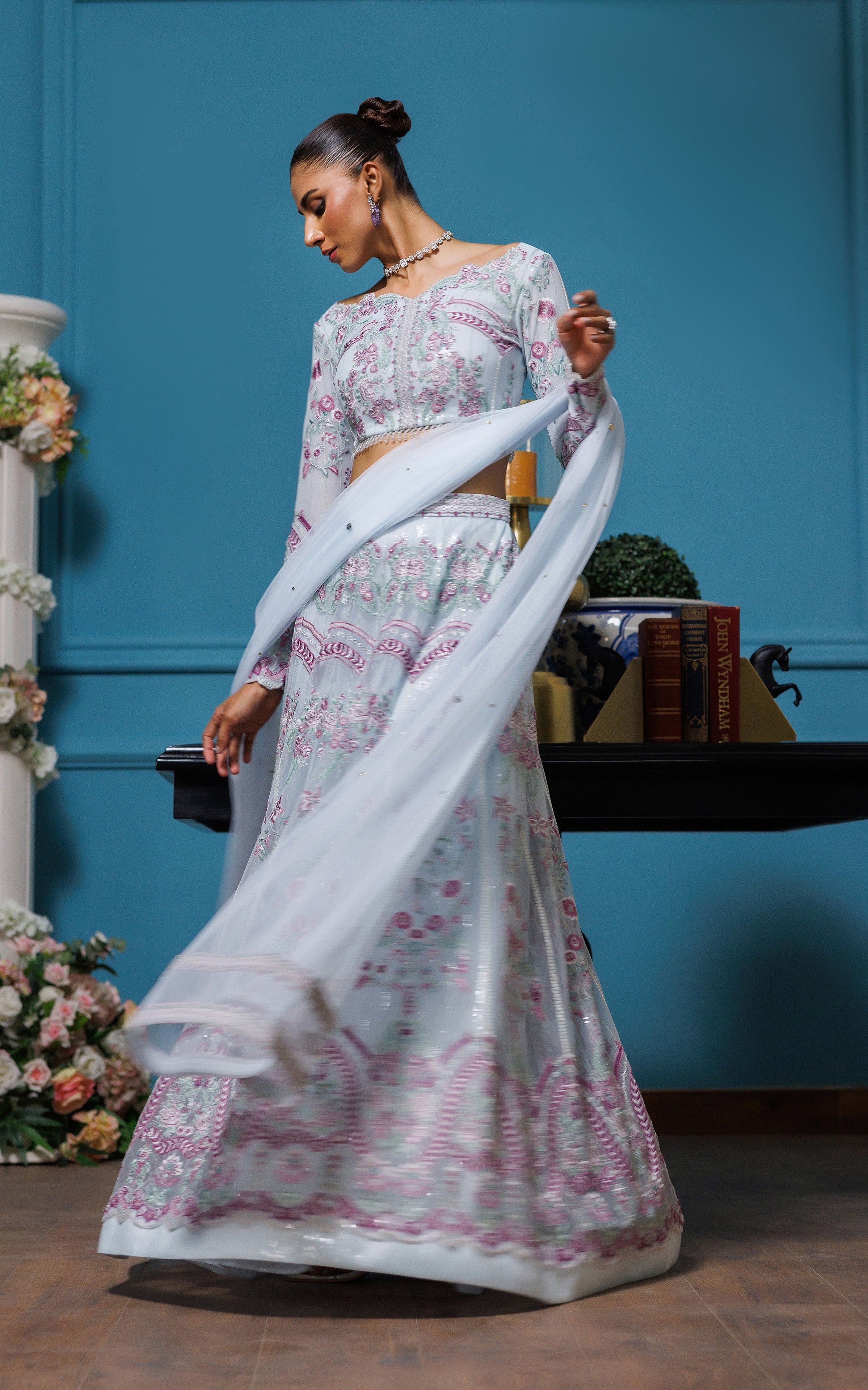 Powder Blue Embroidered Net Lehenga Dress (3-Piece) - Image 3