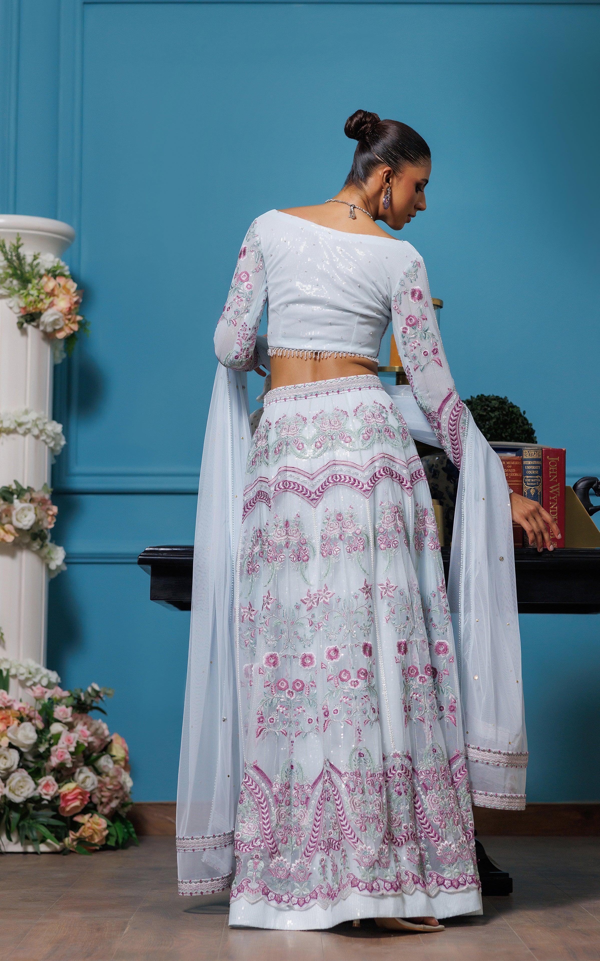 Powder Blue Embroidered Net Lehenga Dress (3-Piece) - Image 4