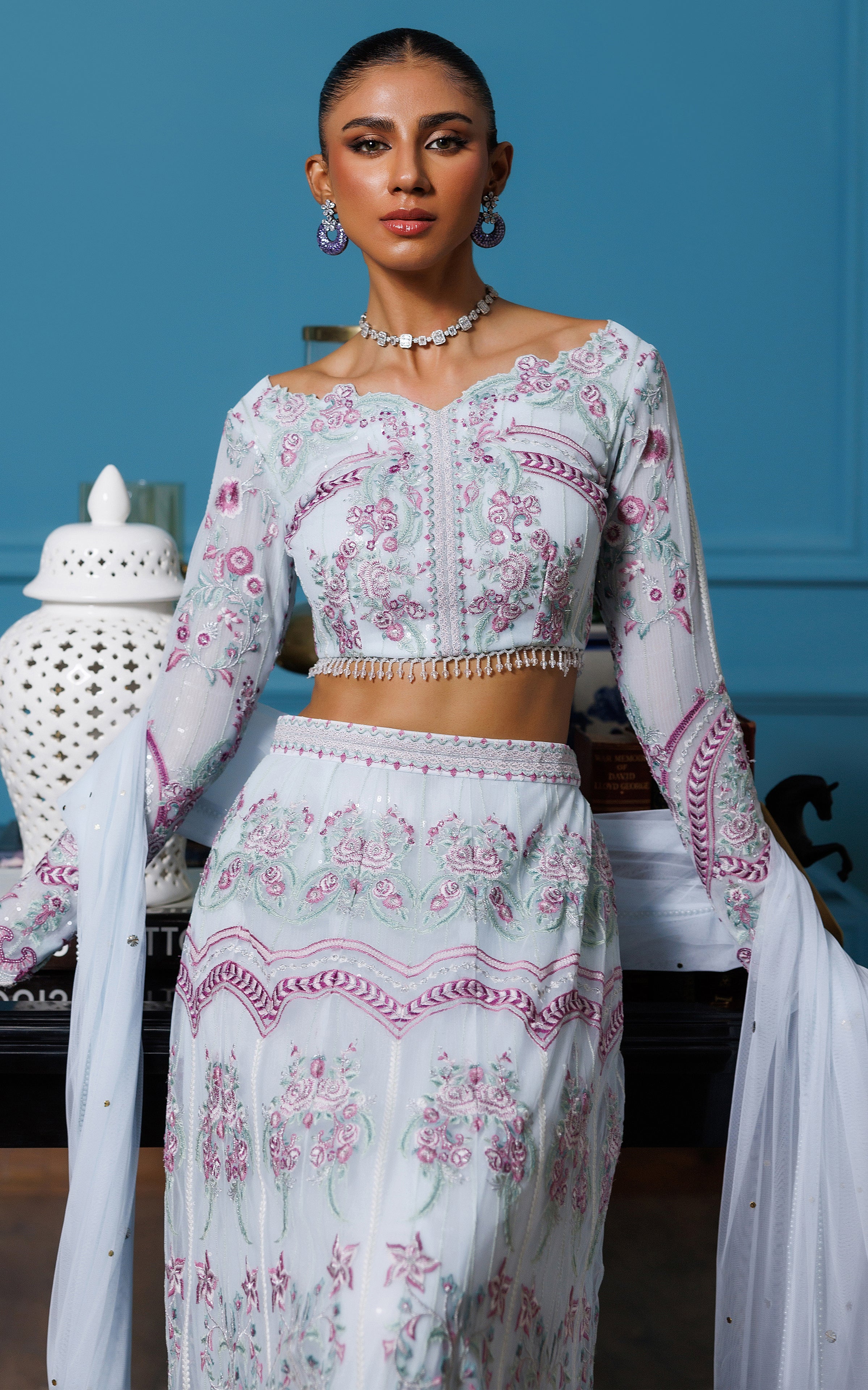 Powder Blue Embroidered Net Lehenga Dress (3-Piece) - Image 5