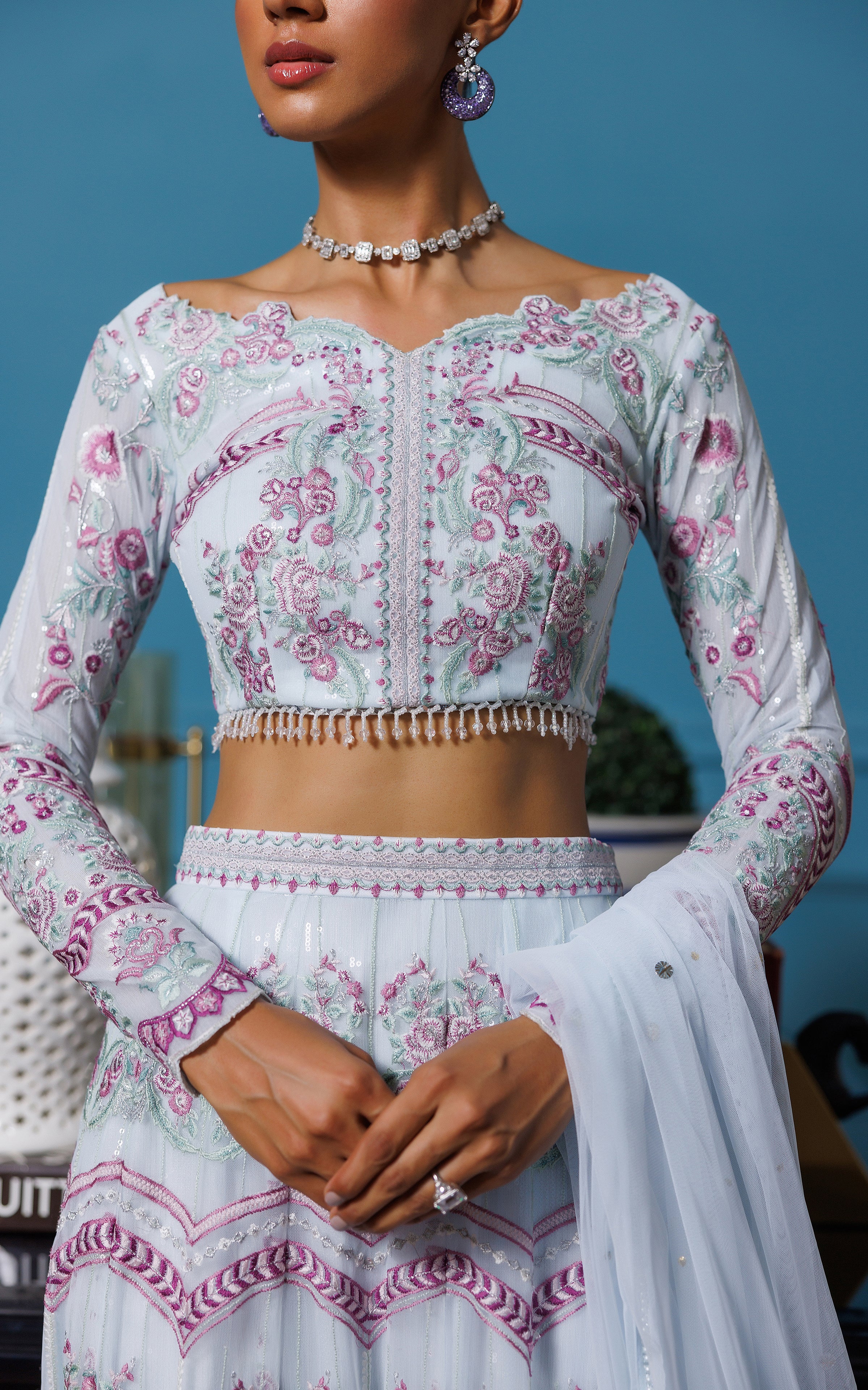 Powder Blue Embroidered Net Lehenga Dress (3-Piece) - Image 6