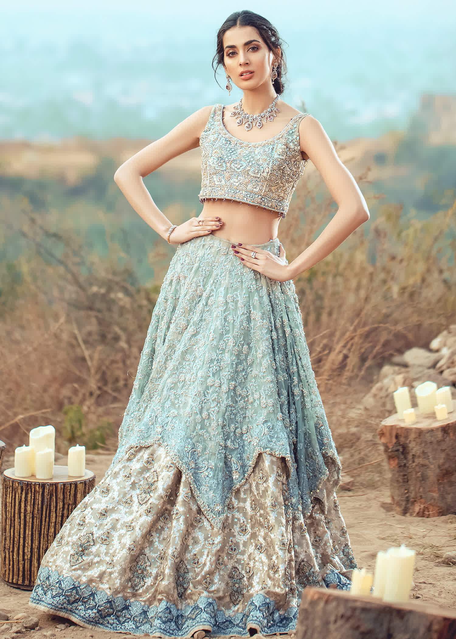 Powder Blue Embroidered Net Organza Lehenga Choli (3-Piece) - Image 1