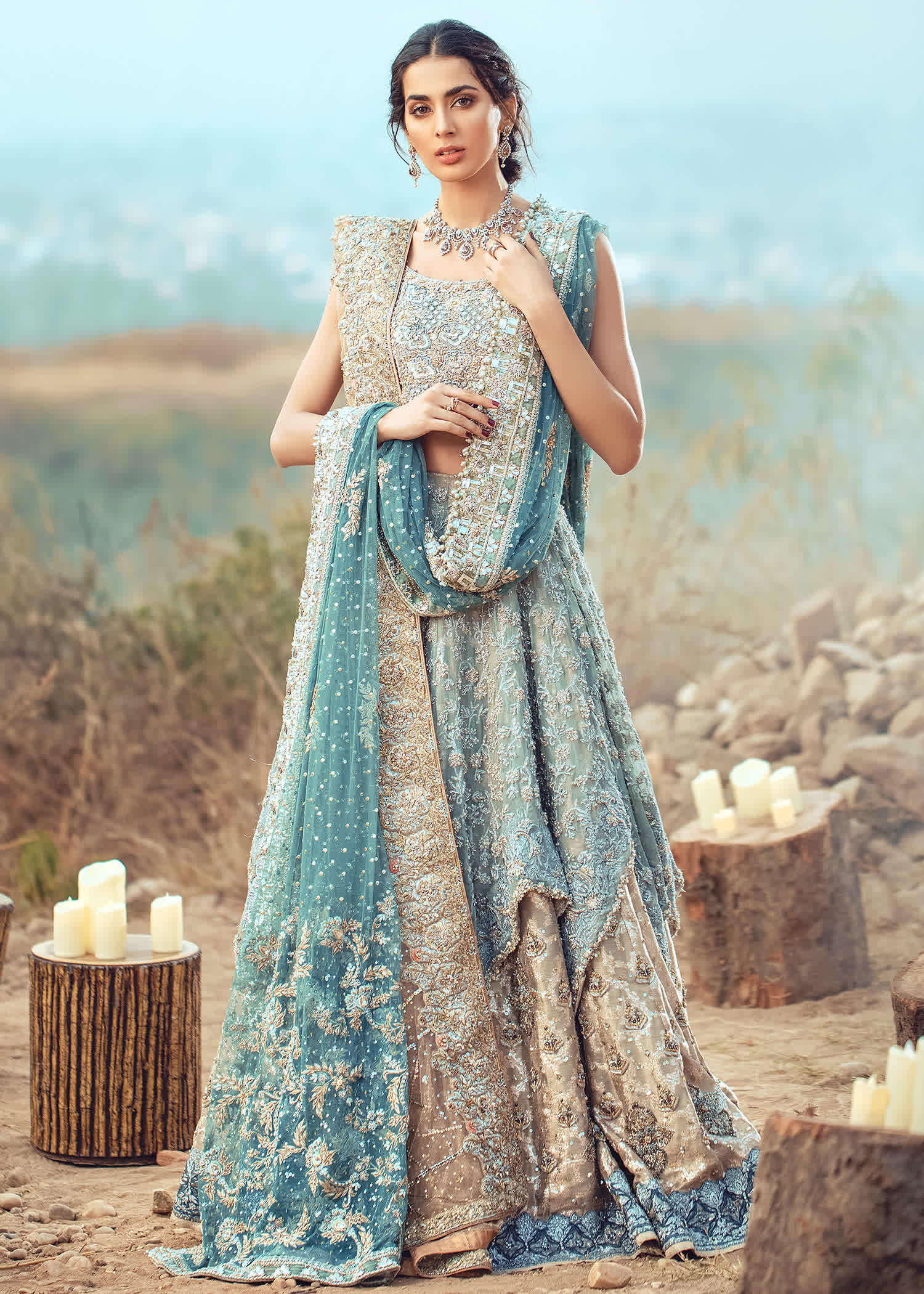 Powder Blue Embroidered Net Organza Lehenga Choli (3-Piece) - Image 2