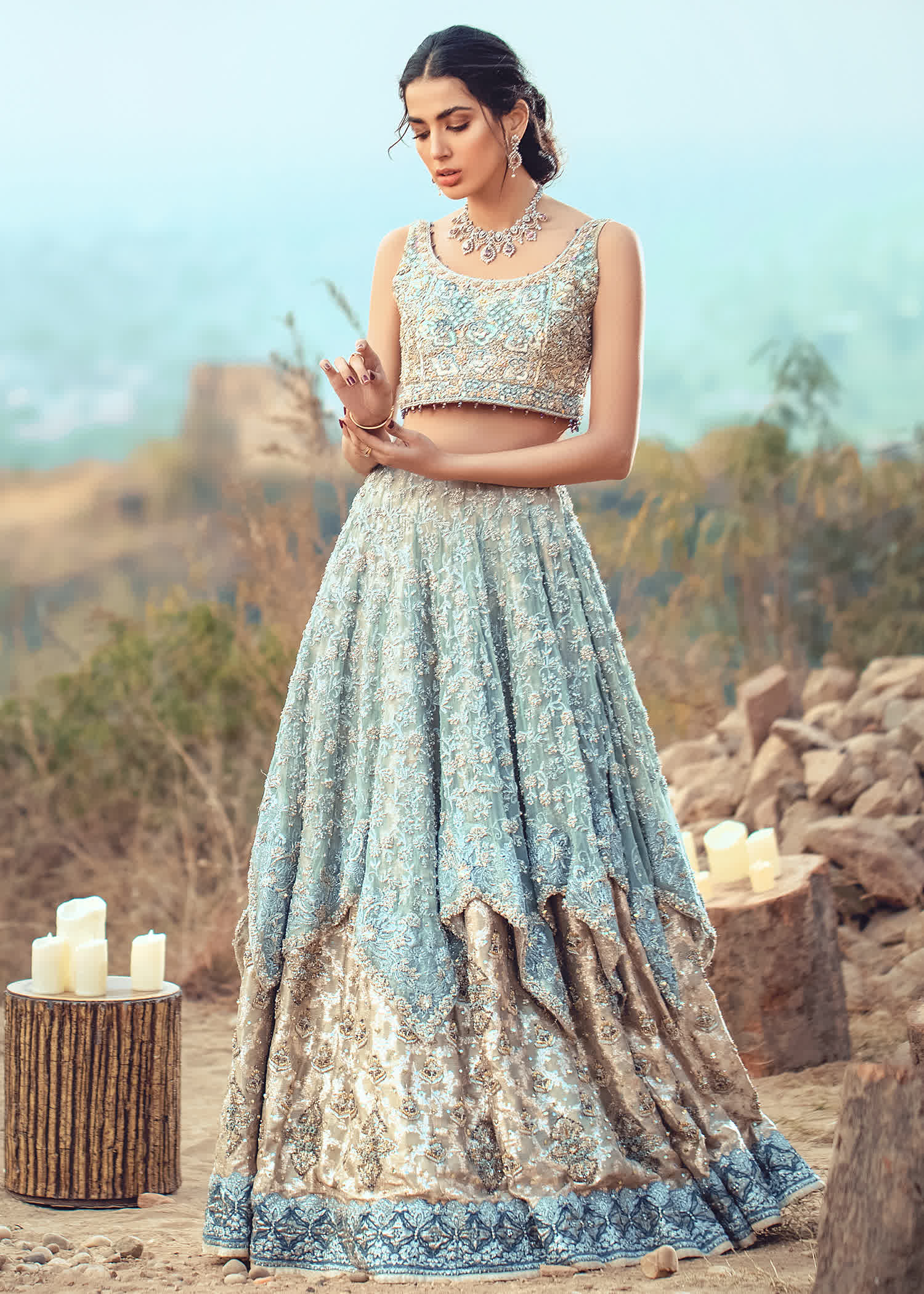 Powder Blue Embroidered Net Organza Lehenga Choli (3-Piece) - Image 4