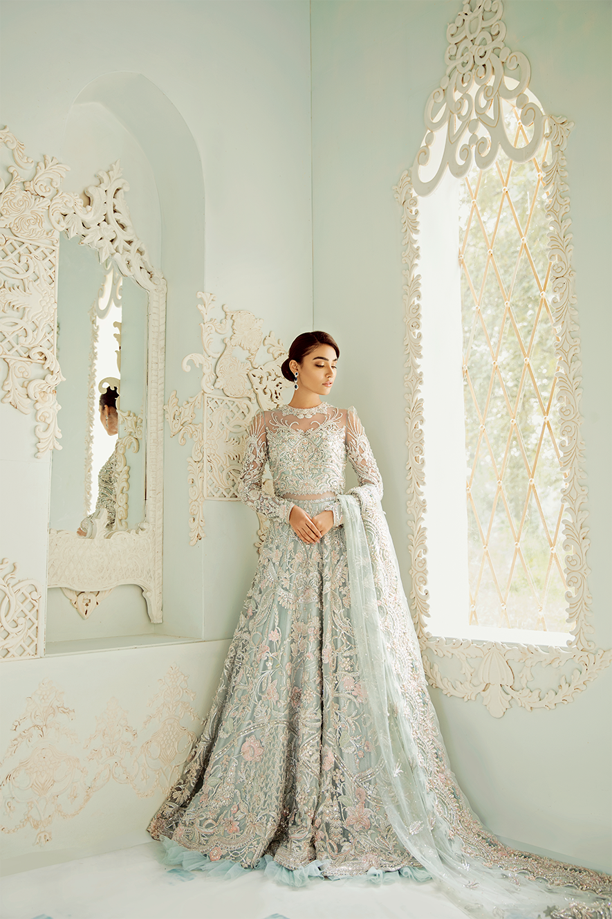 Pakistani Icy Blue Embellished Net Bridal Lehenga (3-Piece) - Image 1
