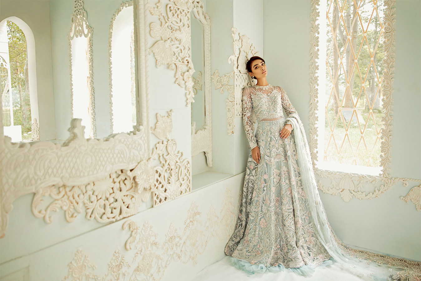 Pakistani Icy Blue Embellished Net Bridal Lehenga (3-Piece) - Image 3
