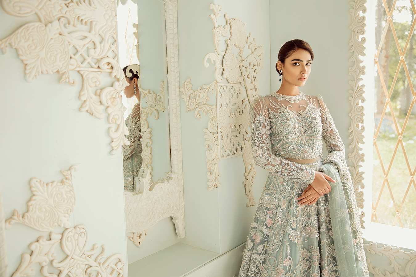 Pakistani Icy Blue Embellished Net Bridal Lehenga (3-Piece) - Image 5