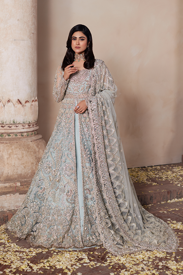 Indian Ice-Blue Sheesha Embroidered Net Gown with Lehenga (3-Piece) - Image 1