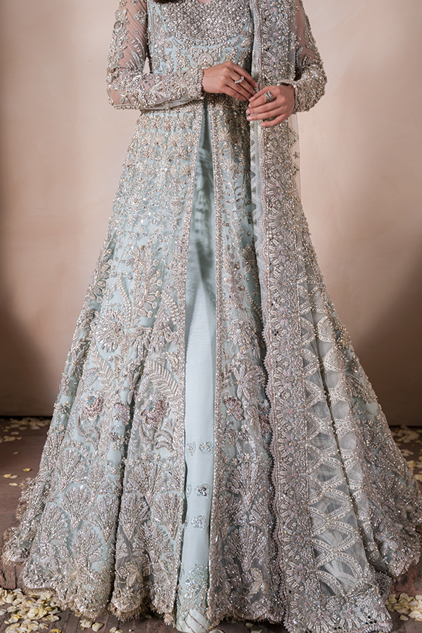 Indian Ice-Blue Sheesha Embroidered Net Gown with Lehenga (3-Piece) - Image 2