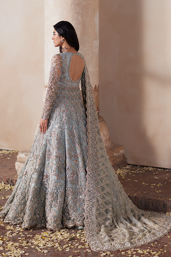 Indian Ice-Blue Sheesha Embroidered Net Gown with Lehenga (3-Piece) - Image 3