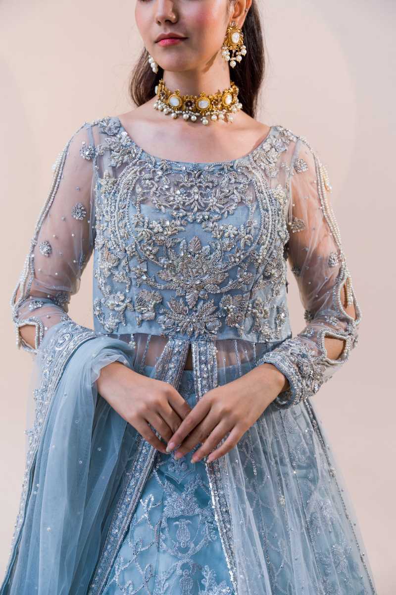 Silver-Blue Embellished Net Lehenga (3-Piece) - Image 1