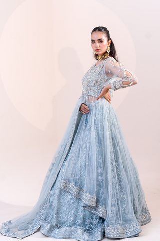 Silver-Blue Embellished Net Lehenga (3-Piece) - Image 3