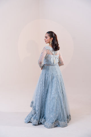 Silver-Blue Embellished Net Lehenga (3-Piece) - Image 4