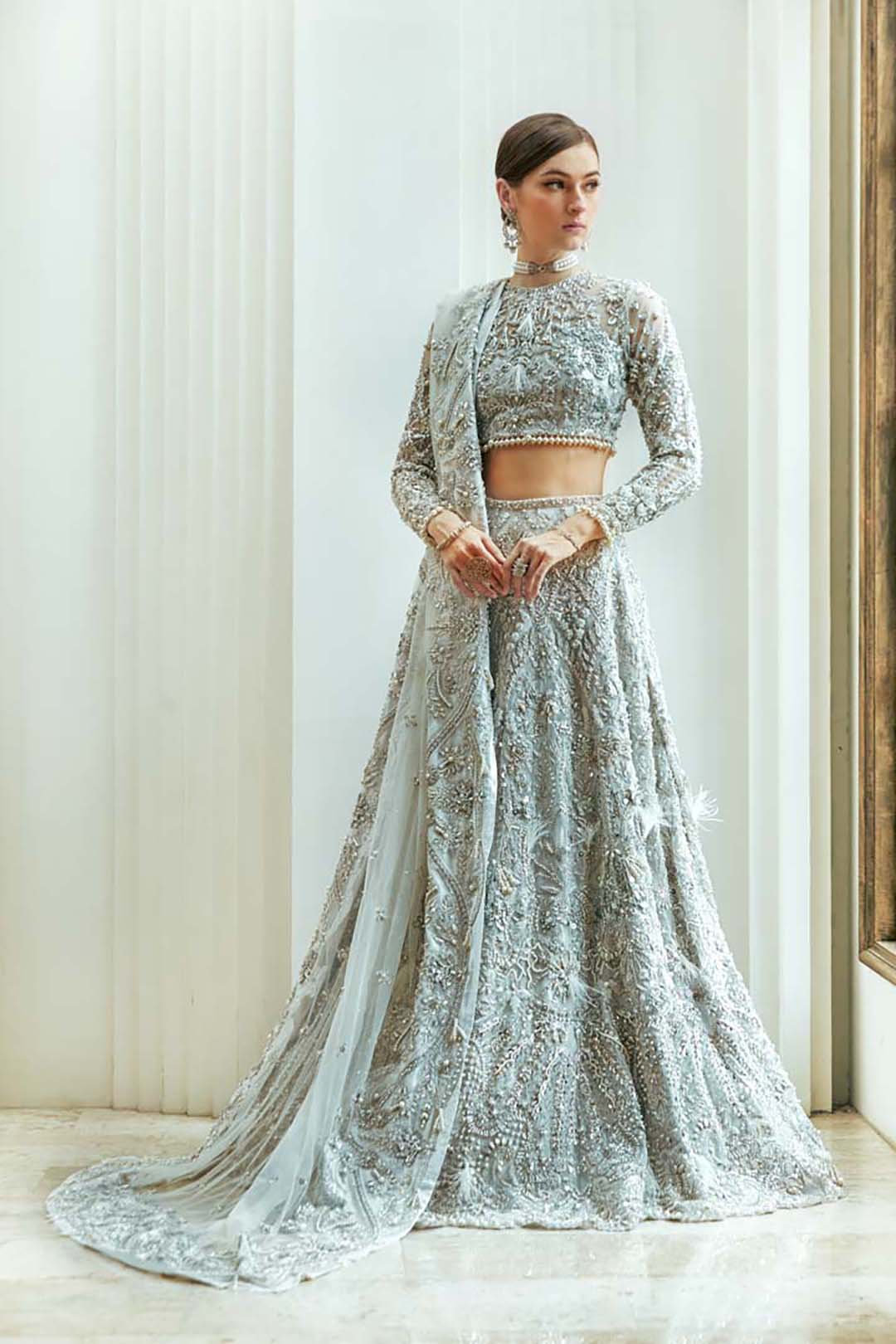 Ice Blue Embellished Net Silk Bridal Lehenga (3-Piece) - Image 1