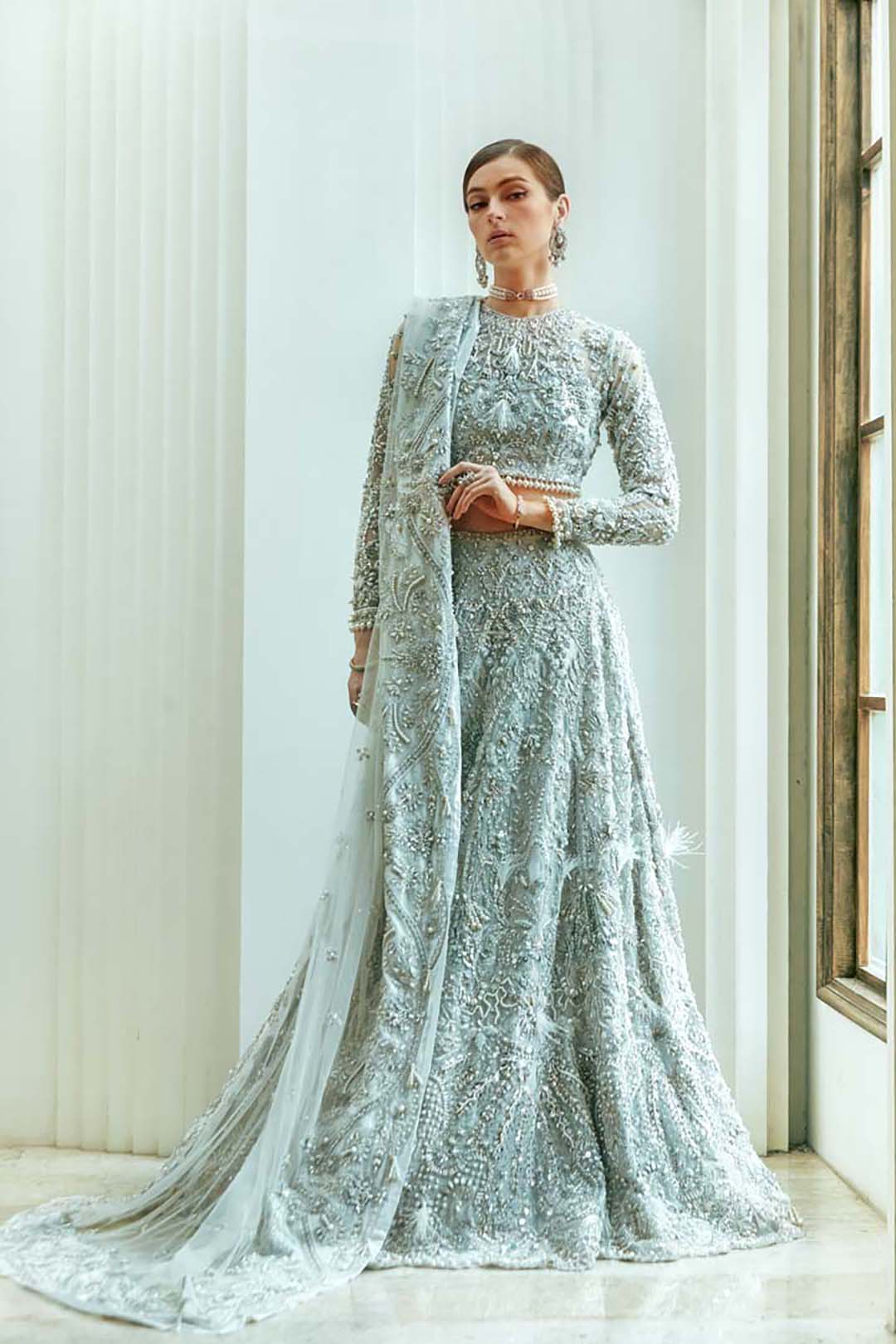 Ice Blue Embellished Net Silk Bridal Lehenga (3-Piece) - Image 4