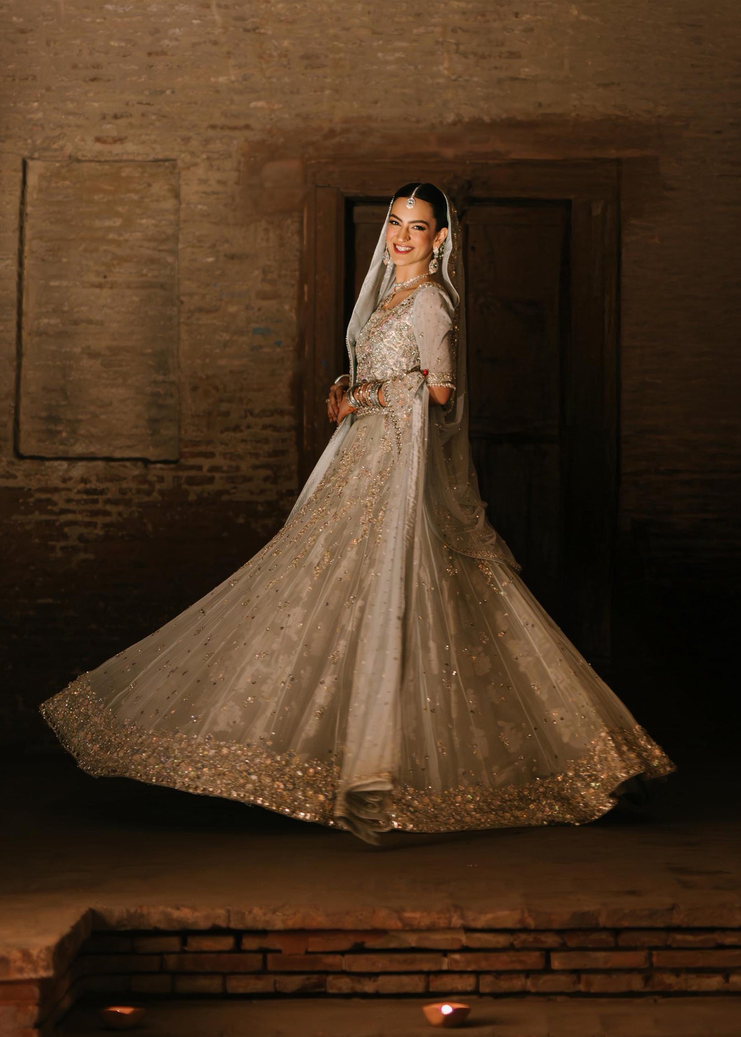 Pakistani Ice Blue Embellished Net Bridal Lehenga (3-Piece) - Image 2