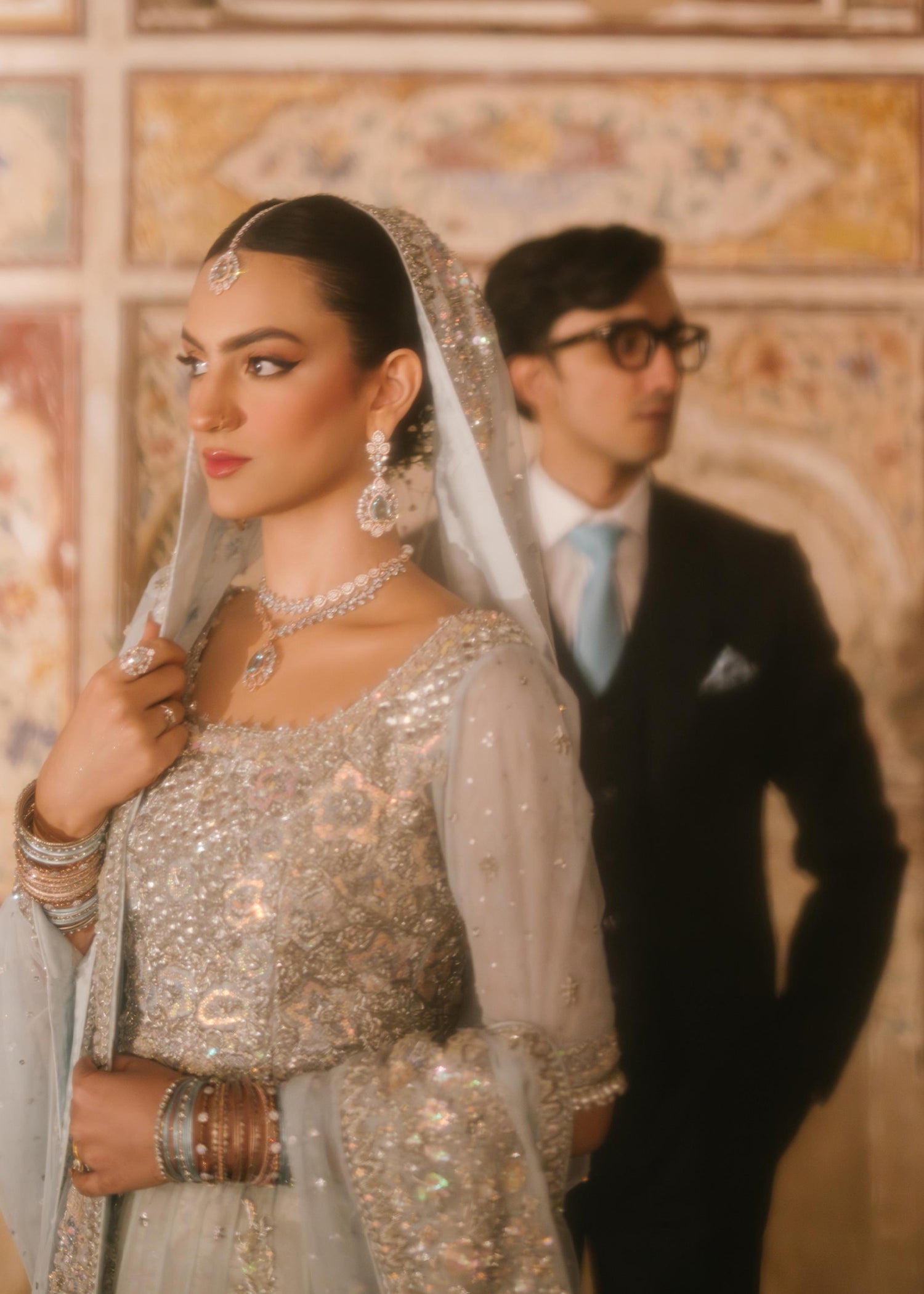 Pakistani Ice Blue Embellished Net Bridal Lehenga (3-Piece) - Image 4