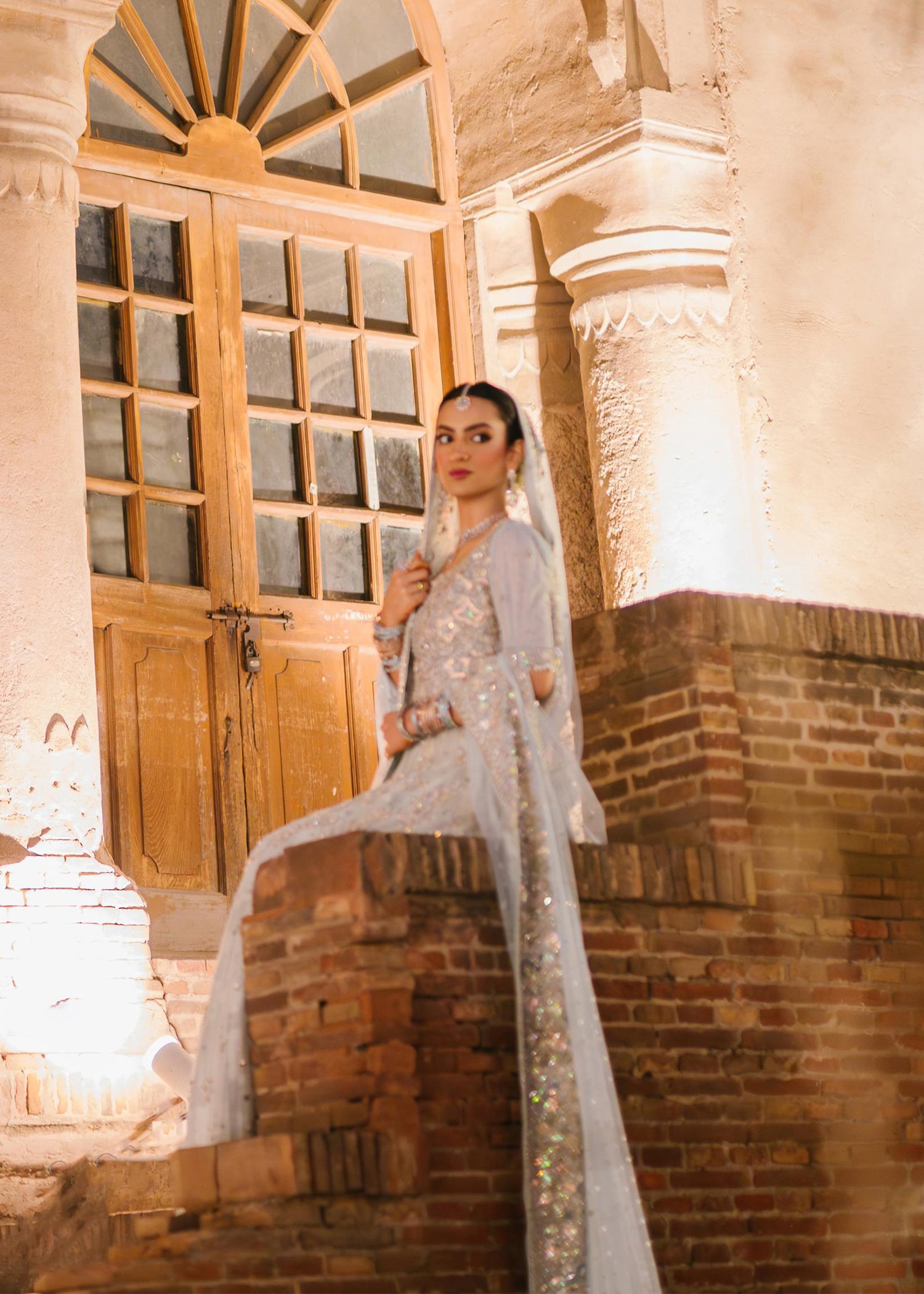 Pakistani Ice Blue Embellished Net Bridal Lehenga (3-Piece) - Image 5