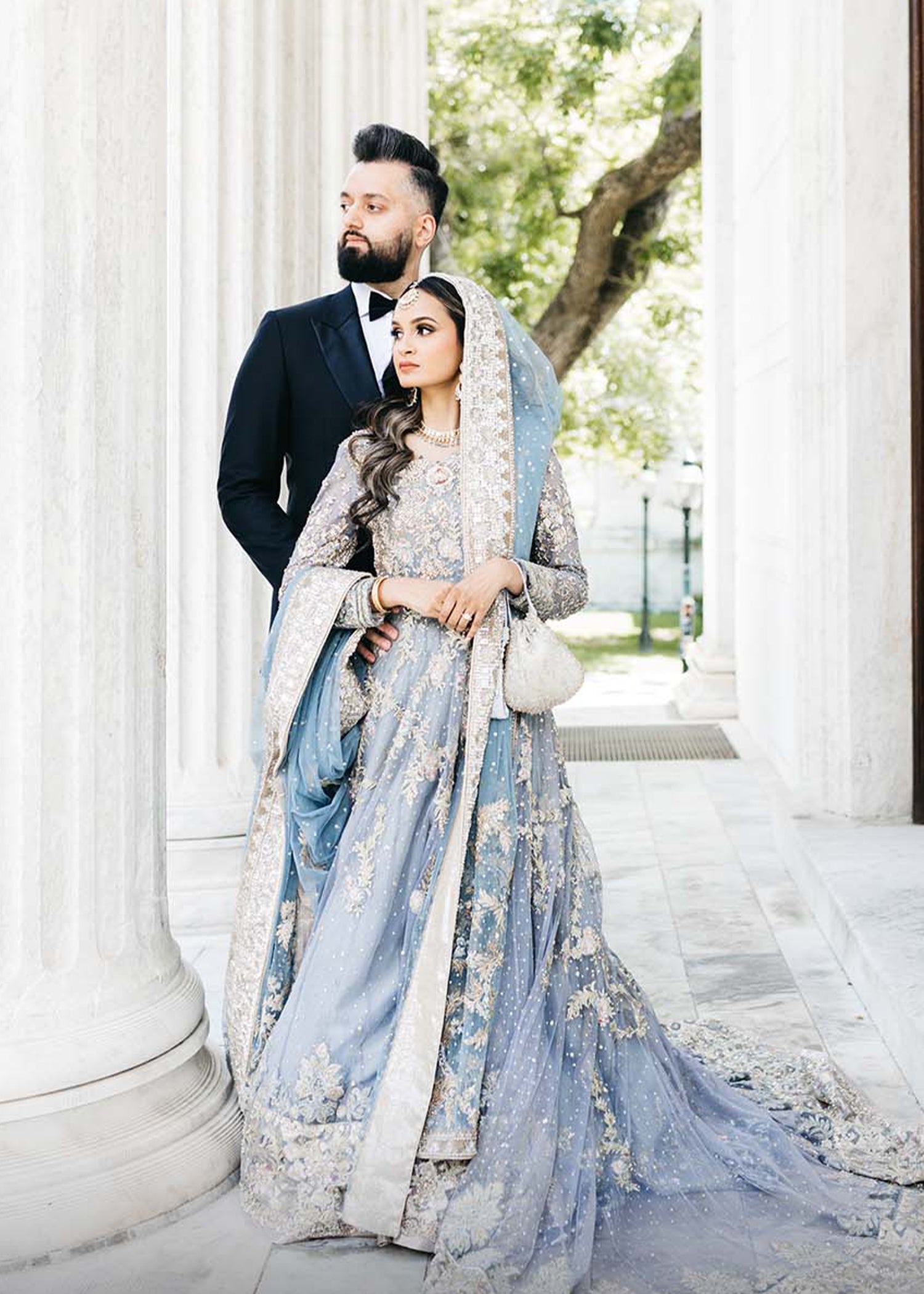 Powder Blue Embellished Net Bridal Lehenga (3-Piece) - Image 1