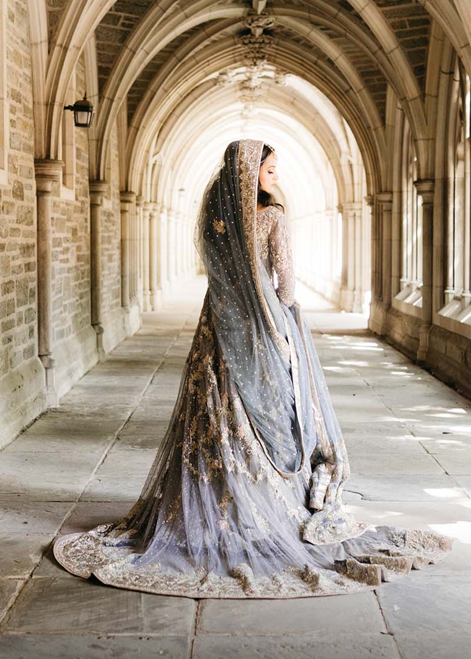 Powder Blue Embellished Net Bridal Lehenga (3-Piece) - Image 2