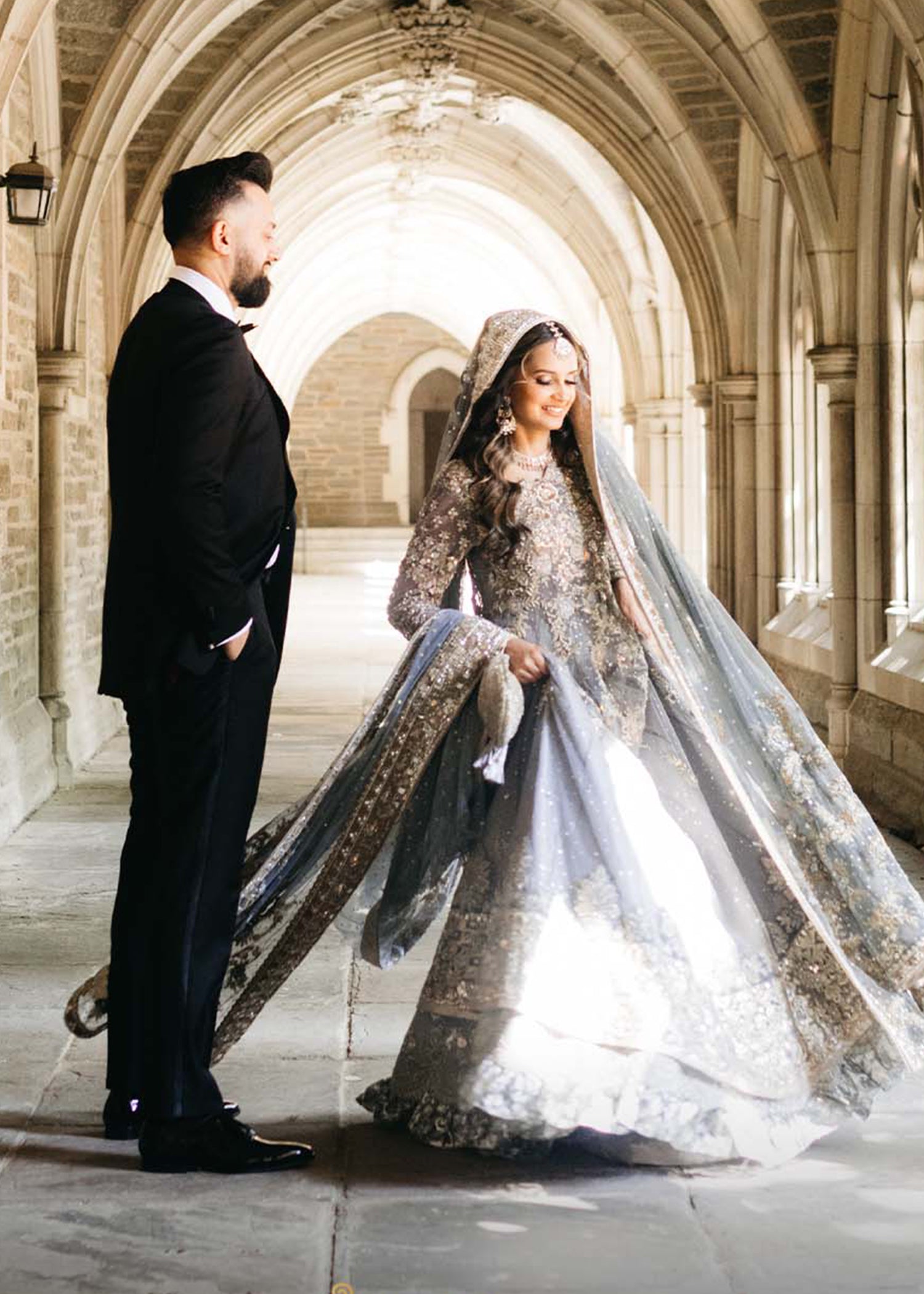 Powder Blue Embellished Net Bridal Lehenga (3-Piece) - Image 3