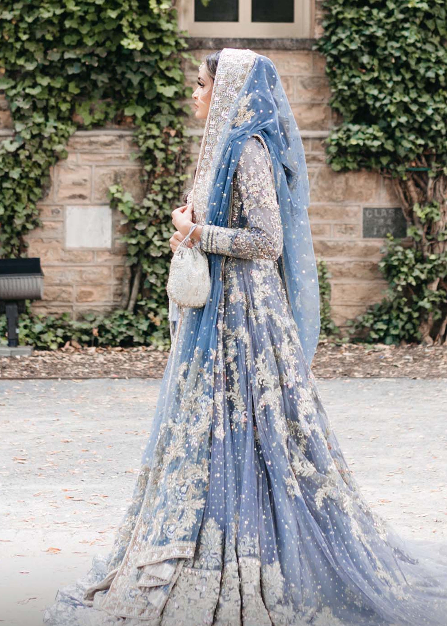 Powder Blue Embellished Net Bridal Lehenga (3-Piece) - Image 4