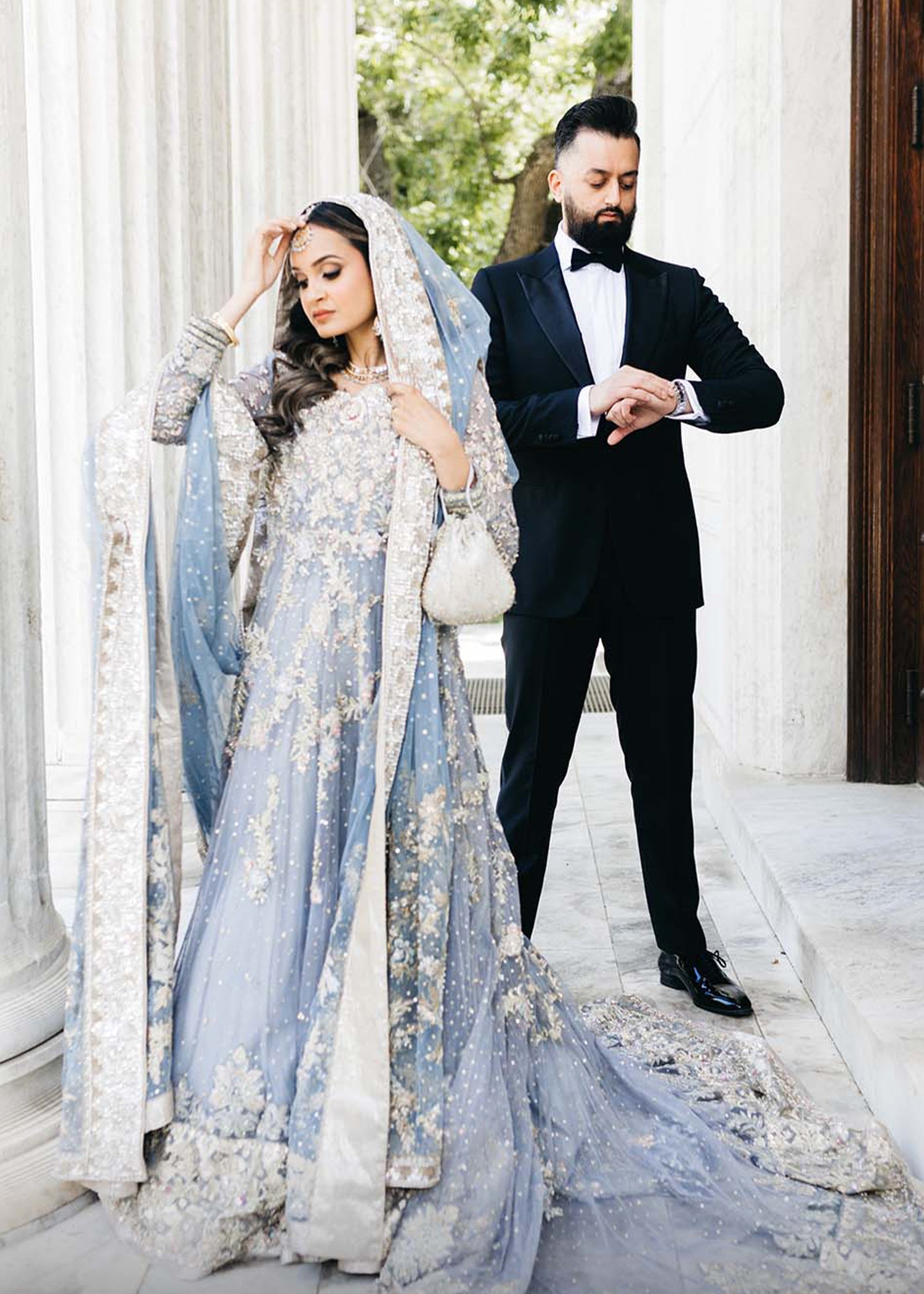 Powder Blue Embellished Net Bridal Lehenga (3-Piece) - Image 5