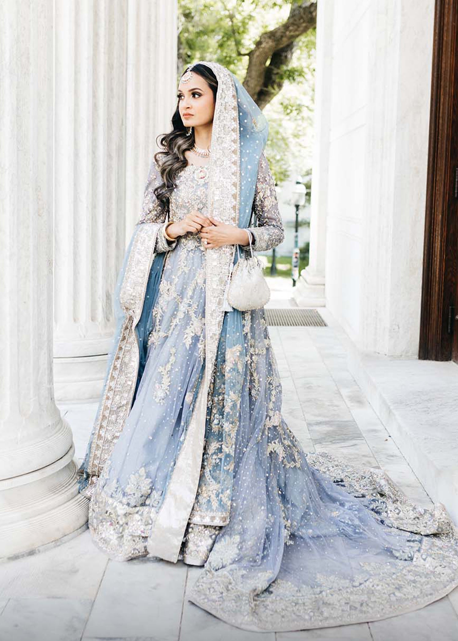 Powder Blue Embellished Net Bridal Lehenga (3-Piece) - Image 6
