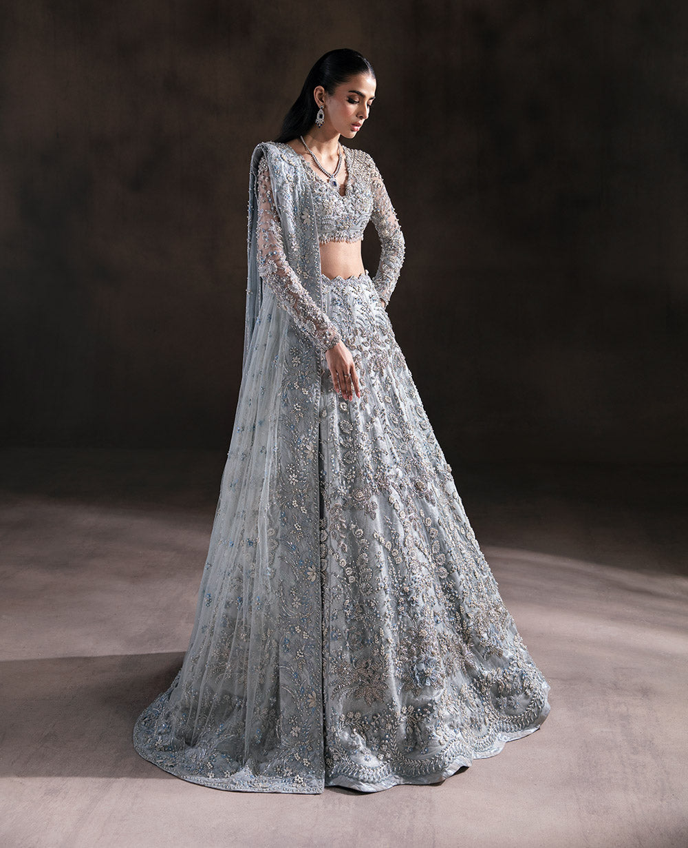 Pakistani Ice Blue Embellished Net & Silk Lehenga Choli (3-Piece) - Image 1