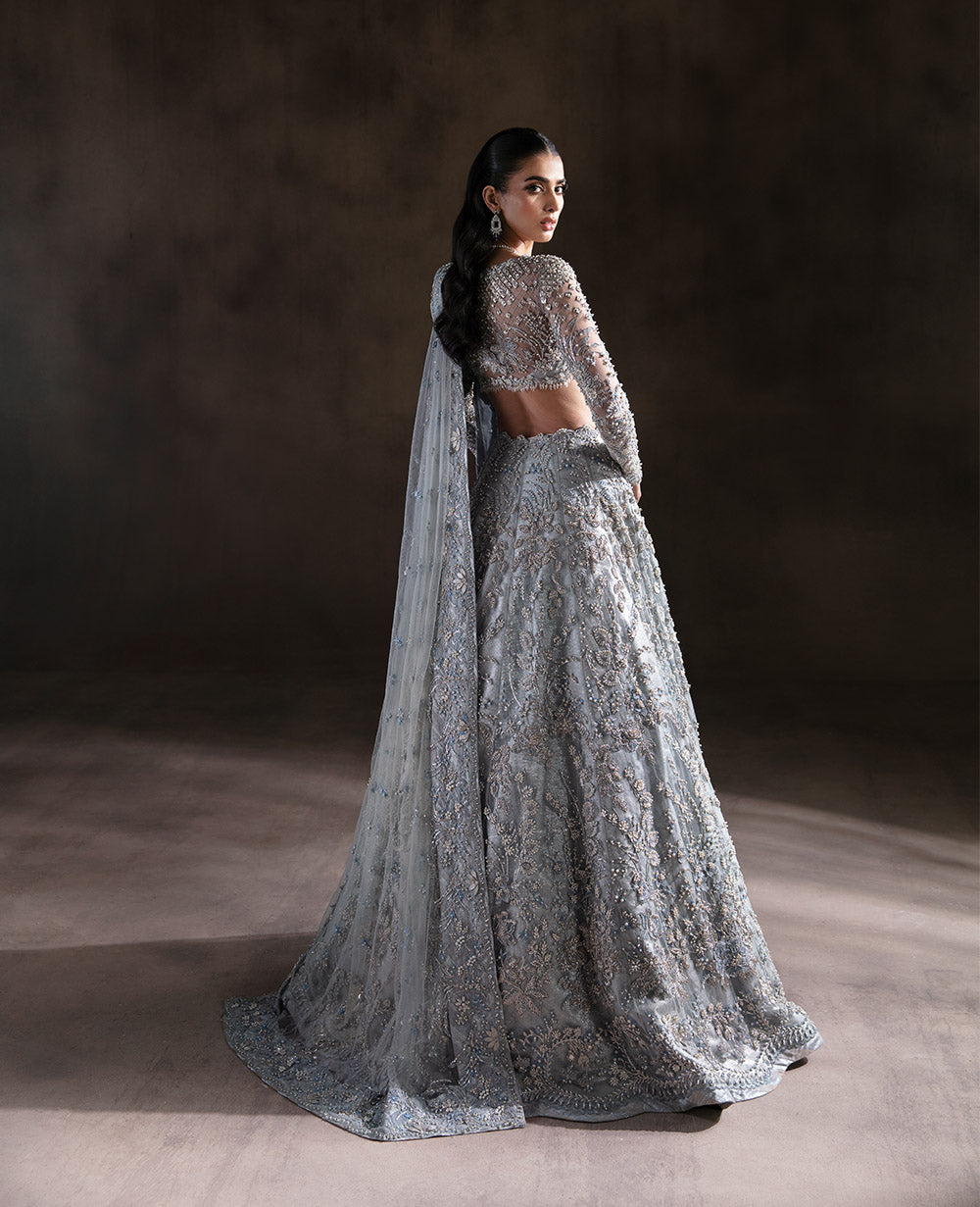 Pakistani Ice Blue Embellished Net & Silk Lehenga Choli (3-Piece) - Image 3