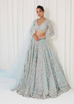 Pakistani Ice Blue Silver Metalwork Net Bridal Lehenga (3-Piece) - Image 2