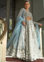 Pakistani Ice Blue Silver Metalwork Net Bridal Lehenga (3-Piece) - Image 3
