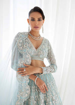 Pakistani Ice Blue Silver Metalwork Net Bridal Lehenga (3-Piece) - Image 4