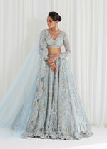 Pakistani Ice Blue Silver Metalwork Net Bridal Lehenga (3-Piece) - Image 5