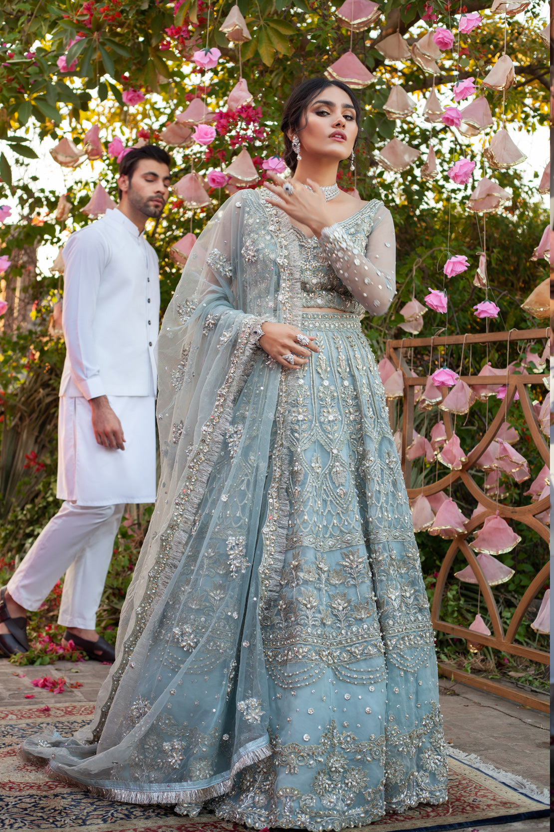 Carolina Blue Embroidered Net Bridal Lehenga (3-Piece) - Image 2