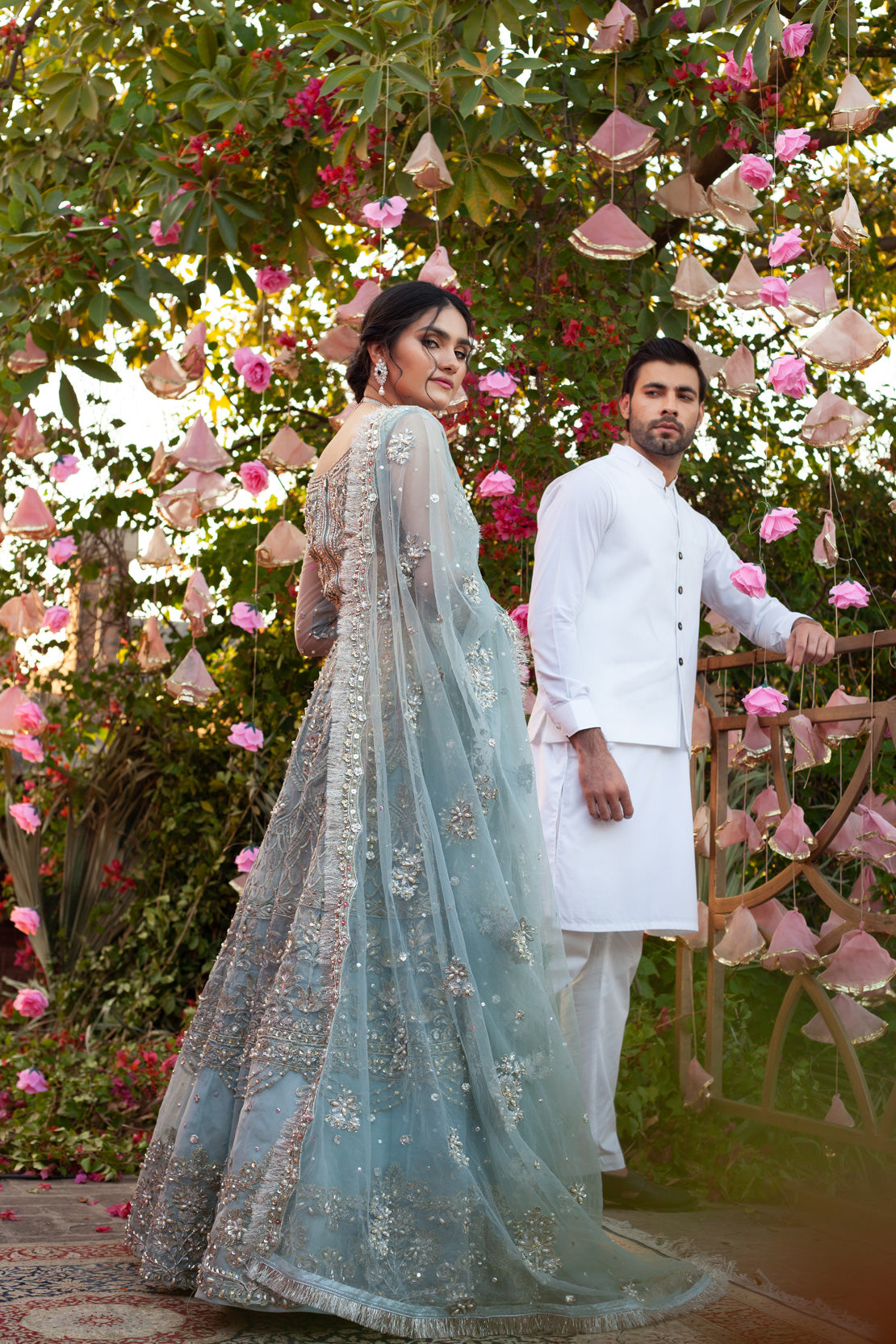 Carolina Blue Embroidered Net Bridal Lehenga (3-Piece) - Image 3