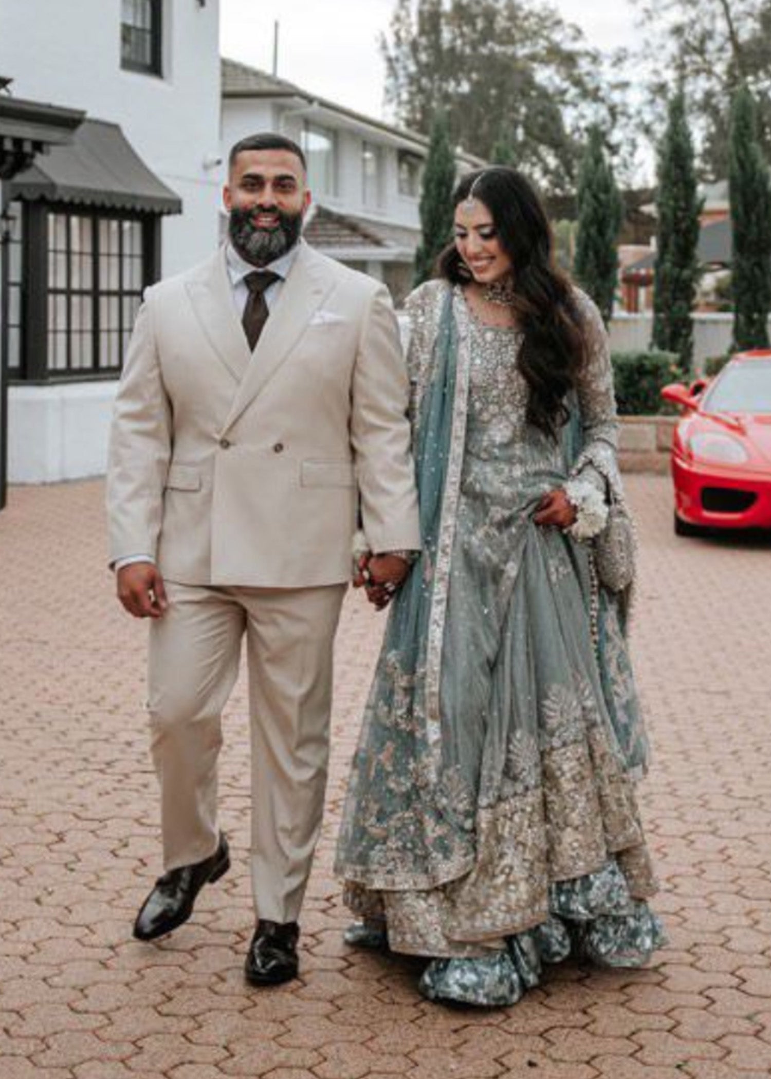 Pakistani Dusty Blue Embellished Net Silk Bridal Lehenga (3-Piece) - Image 1