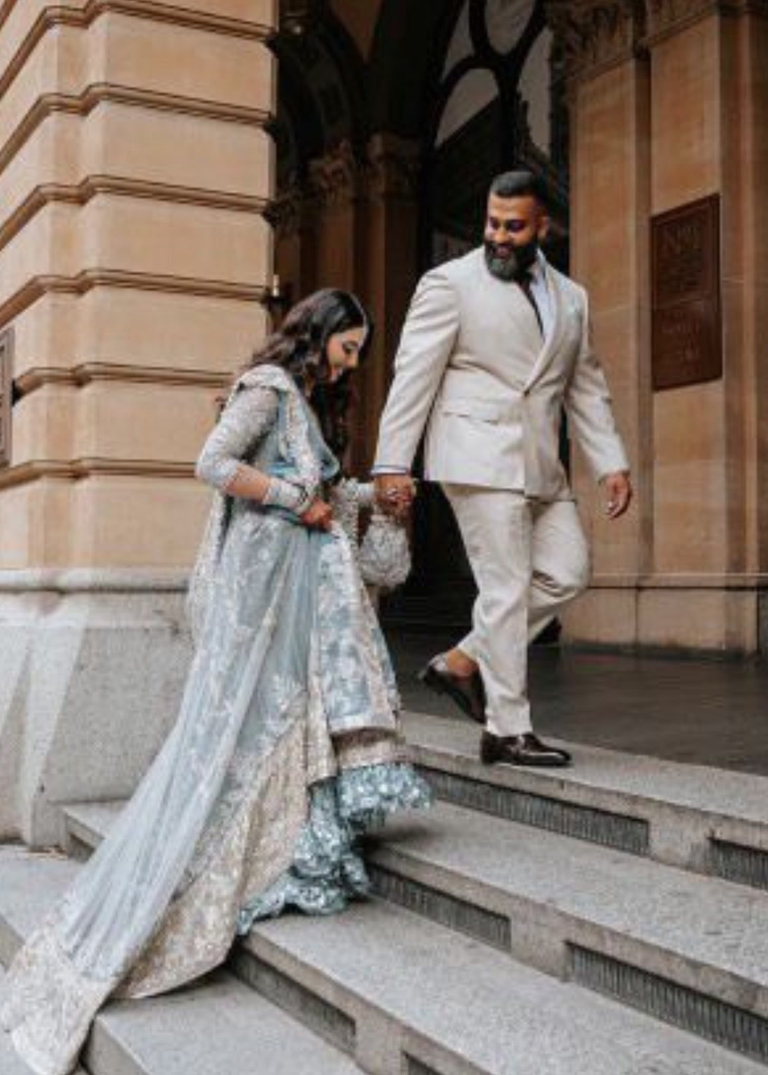 Pakistani Dusty Blue Embellished Net Silk Bridal Lehenga (3-Piece) - Image 2