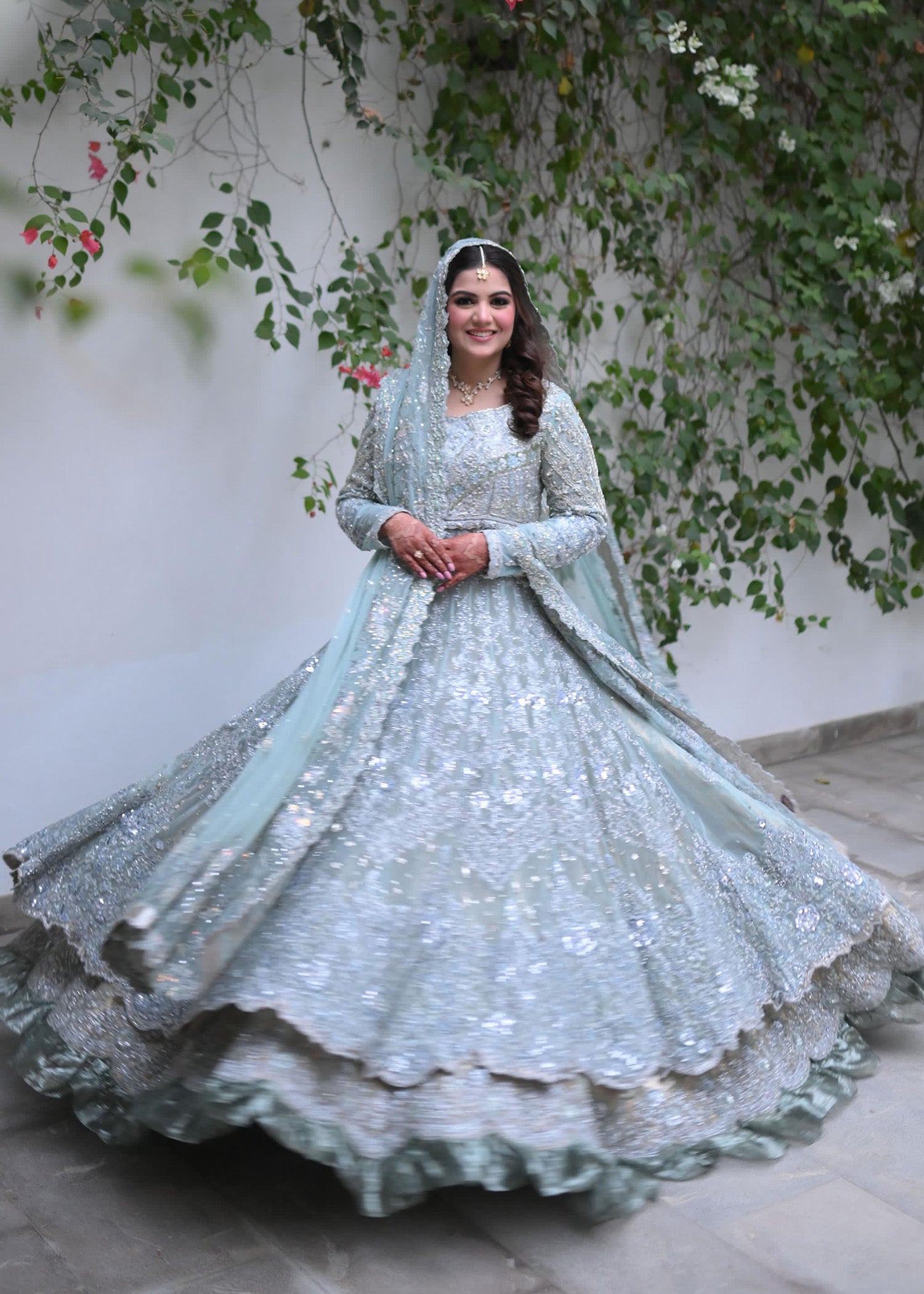 Pakistani Ice Blue Embellished Net Silk Bridal Lehenga (3-Piece) - Image 1
